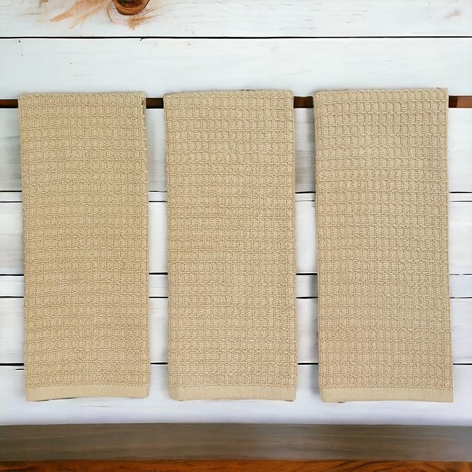 Serafina Home Tan Beige Kitchen Dish Hand Towels 100% Cotton Waffle Cloth Soft Cleaning Drying Absorbent Terry Box Loop: Set of 3 Multipurpose for Everyday Use Oversized 16" x 28"