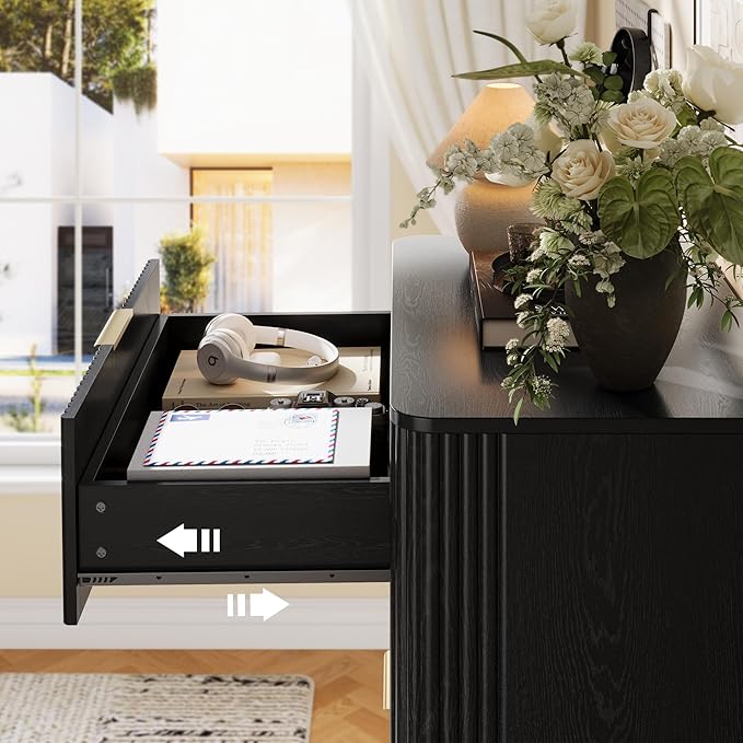 Fluted 5 Drawers Dresser for Bedroom, 45" Modern Tall Chest of Drawers with Wood Grain, Farmhouse Wooden Vertical Dresser, Curved Profile Design, Wood Drawer Organizer for Closet, Hallway Black