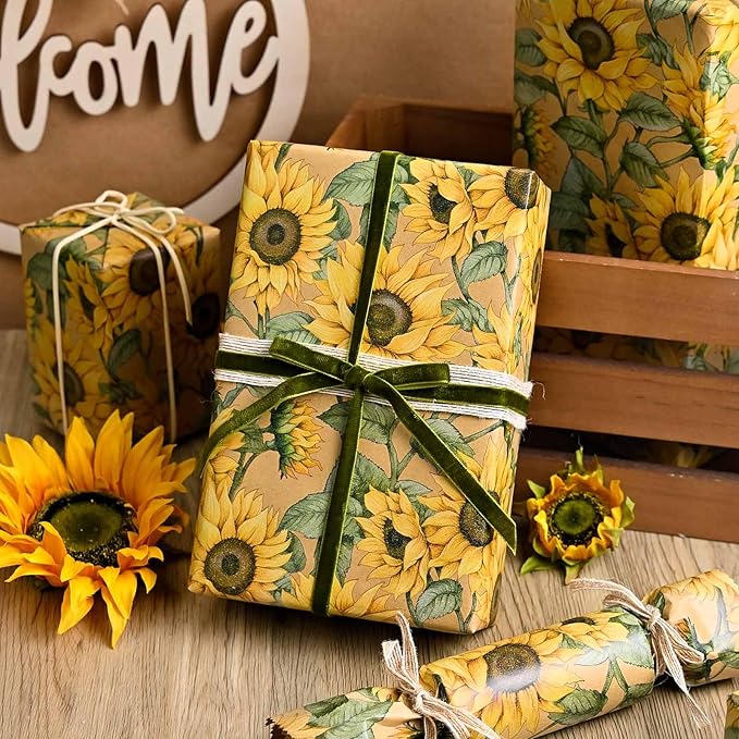 MAYPLUSS Kraft Sunflowers Gift Wrapping Paper - Vintage Elegant Sunflowers Floral Gift Wrap Paper for Women Birthday, Christmas, Baby Shower, Mothers Day, Thanksgiving, Holiday - 17 Inches X 33 Feet