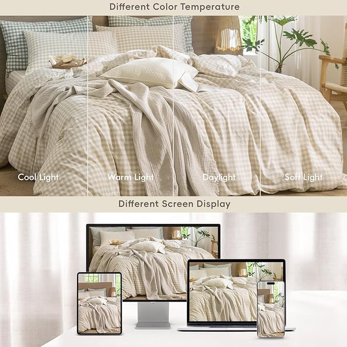 MooMee Gingham Duvet Cover Set 100% Washed Cotton Linen Like Textured Breathable Durable Soft Comfy Modern Checkered Design (Almond Milk Grey Gingham, Cal King 104"x98")