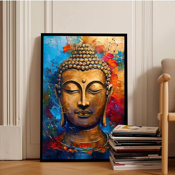 Golden Serenity Buddha Vintage Painting Wall Art Spirituality and Modern Art Wall Decor Adds Brilliance to Vibrant Home Decor 24x36in Metal blackFramed