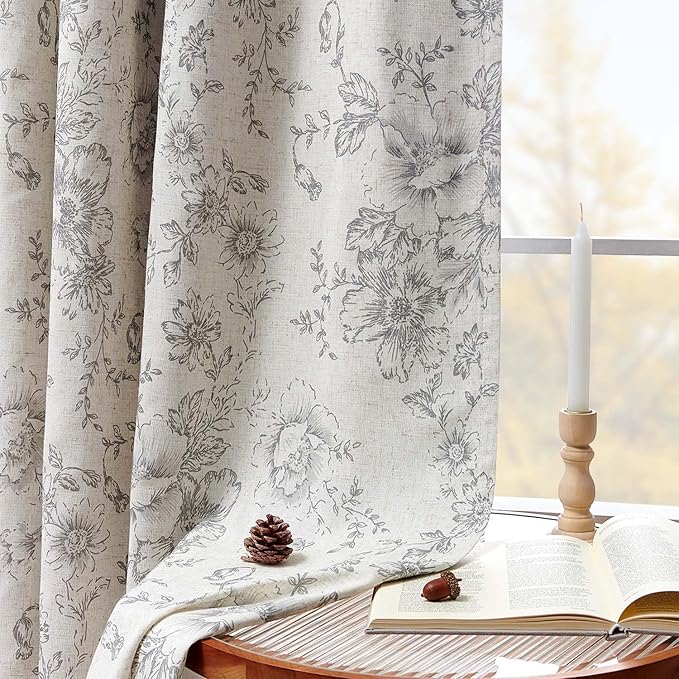 jinchan Blackout Linen Blend Curtain Gray Floral Blackout Curtains for Living Room 96 Inch Length Grey Printed with Lined Blackout Curtain for Bedroom Farmhouse Curtains Set 2 Panels