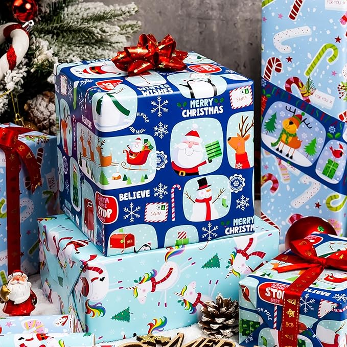 MAYPLUSS Christmas Gift Wrapping Paper - 17In x 120In Per Roll - Magic Fairytale Santa Claus and Unicorn, Santa Reindeer, Candy Christmas Winter Holiday Gift Wrap Paper for Housewarming, Party