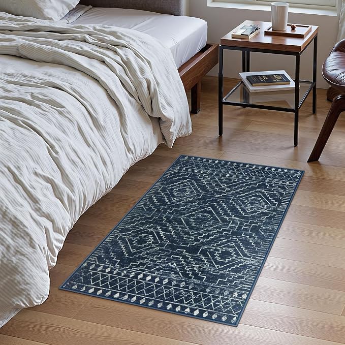 Wonnitar Moroccan Bathroom Rug,Washable 2x3 Small Bath Mat, Boho Tribal Soft Kitchen Sink Mat, Non-Slip Geometric Entry Way Rug, Low-Pile Indoor Carpet for Bedside Entrance Laundry (Blue,2'x3')
