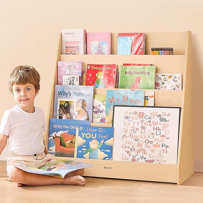 Kids Bookshelf for Toddlers and Babies, Wooden Montessori Bookshelf for Kids Room, Baby Book Shelf with Storage for Nursery, Classroom, Playroom