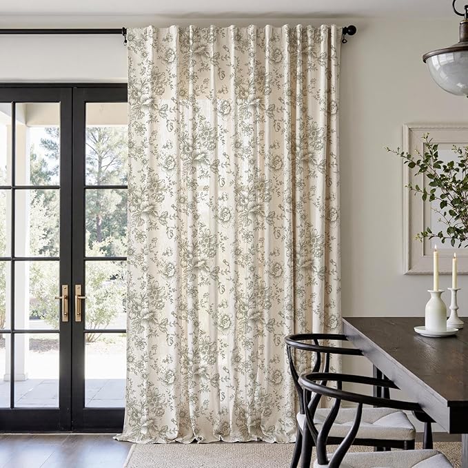 jinachan Linen Floral Curtains 100 Inch Extra Wide for Patio Sliding Glass Door Room Divider Curtain for Living Room 108 Inch Length Farmhouse Peony Christmas Green Printed Curtain Set 1 Panel