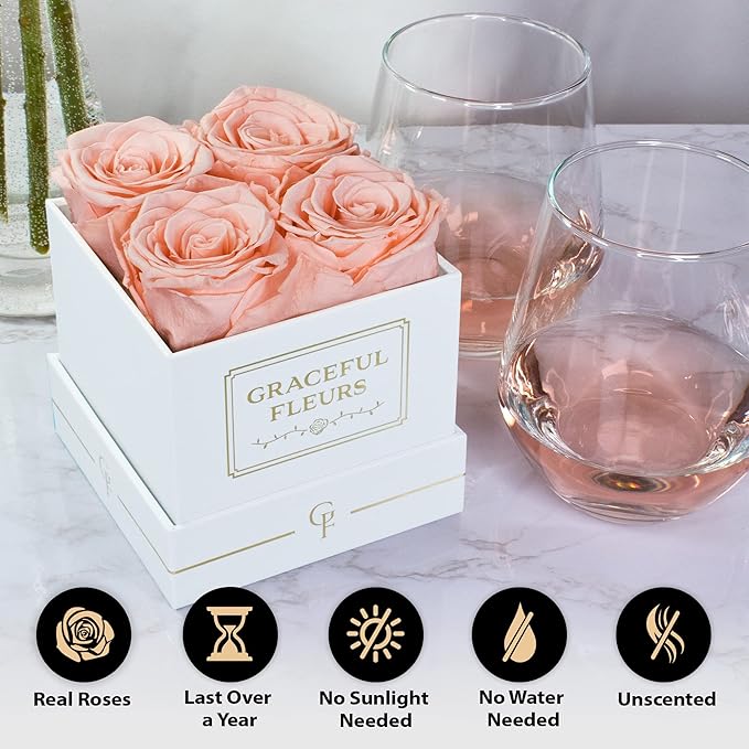 Graceful Fleurs | Real Long Lasting Roses for Years | Preserved Fresh Flowers for Delivery Birthday | Birthday Gifts for Women | Forever Roses in a Box (Light Peach, White Box, 4 Roses)