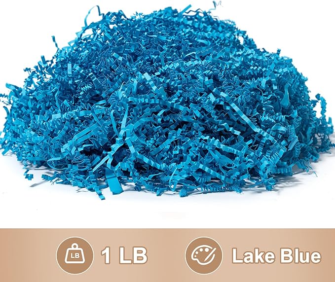 Wowxyz 1 LB Crinkle Cut Paper Shred Lake Blue Crinkle Shredded Paper for Gift Baskets - Gift Box Bag Filler - Confetti Stuffing for Birthday, Holiday Present Packaging Wrapping