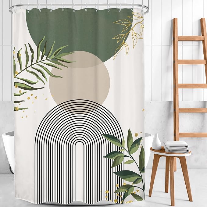 Small Stall Green Boho Shower Curtain 54Wx78H Rv Modern Bohemian Abstract Sage Green Gold Leaves Plant Minimalist Narrow Half Bathroom Decor Geometric Bath Curtain Fabric Polyester 12 Pack Hook