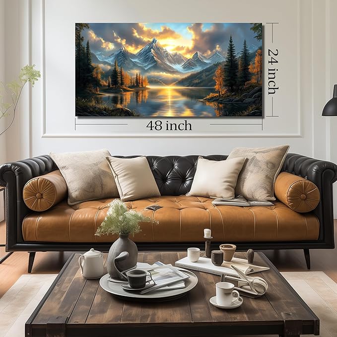 JuhaiArt Mountain Lake Canvas Wall Art Landscape Picture Artwork Gold Wall Decor for Living Room Bedroom Office Sunset Poster 24" x 48"