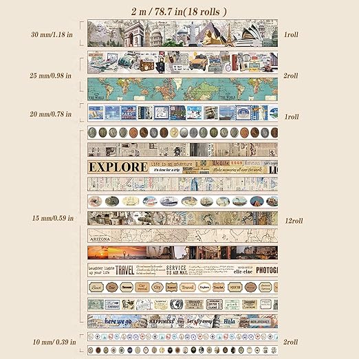 Auguro 18 Rolls Travel Washi Tape Set journaling Tape for Crafts and Journaling DIY Scrapbook Tape for journaling Scrapbooking Supplies washi Tape for Scrapbooking
