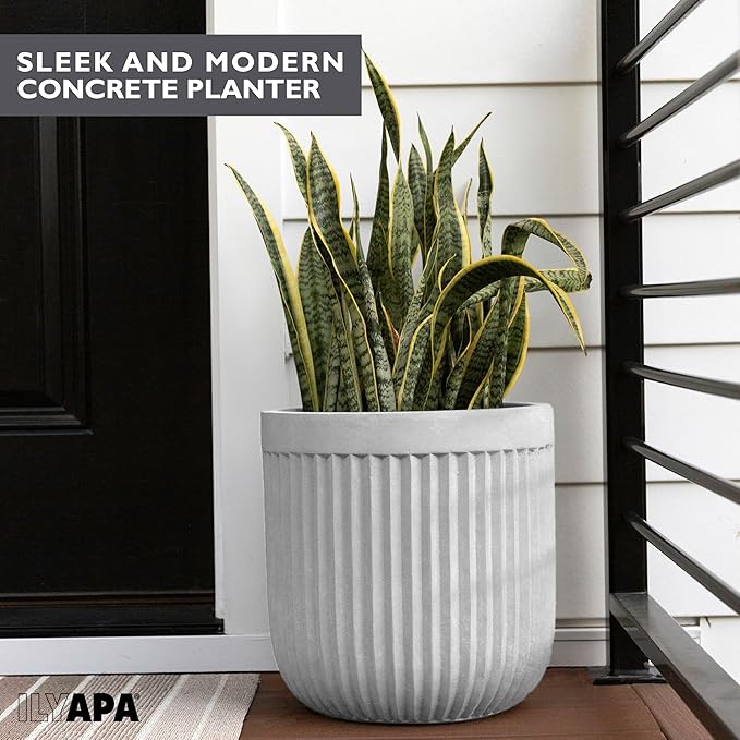 Ilyapa 14 Inch Large Fluted Modern Concrete Planter - 14x14 Inch Indoor Plant Pots with Drainage - Large White Planters for Indoor/Outdoor Use