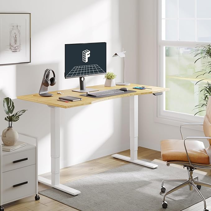 FLEXISPOT E6 MAX Bamboo Dual Motor 3 Stages Standing Desk 55x28 Inch Whole-Piece Board Electric Height Adjustable Stand Up Desk 150KG Load Capacity(White Frame + Bamboo Curved Desktop)