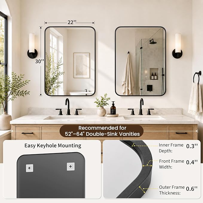 2-Pack 22x30 Inch Matte Black Bathroom Vanity Mirrors | Flush Mount Deep Set Metal Wall Mirror for Over Sink | HD Shatterproof Glass, Rustproof