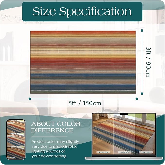 3x5 Ombre Entry Rug - Small Washable Indoor Outdoor Mats for Front Door Non-Slip Porch Rug Rust Blue Modern Rainbow Throw Rugs for Living Room Bedroom Entryway Kitchen Office Porch Decor