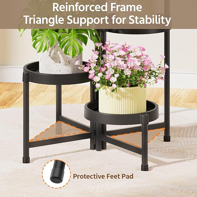LASZOLA 5 Tiered Plant Stand Indoor Outdoor with Plastic Tray, Corner Folding Tall Flower Display Rack, Modern Plant Holder Shelf for Outdoor Patio Porch Garden Office Living Room, Black