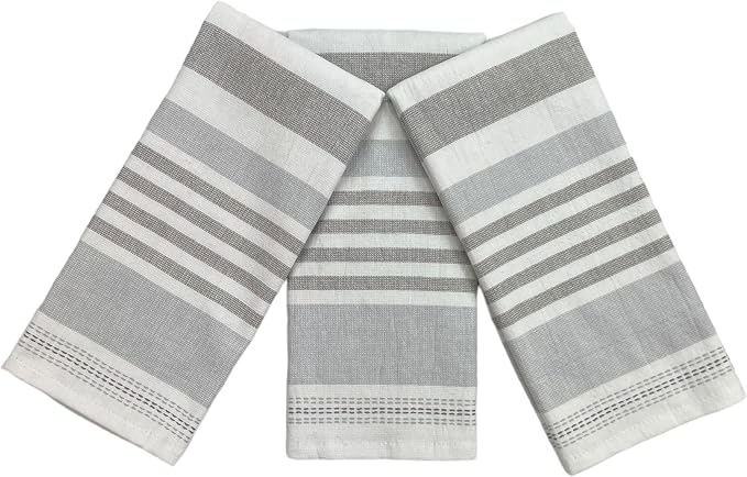Serafina Home Grey White Kitchen Hand Dish Towels: Oversized 28" x 16",100% Cotton Cloth Soft Cleaning Drying Absorbent Striped Design, Set of 3 Multipurpose for Everyday Use (Grey Monica)