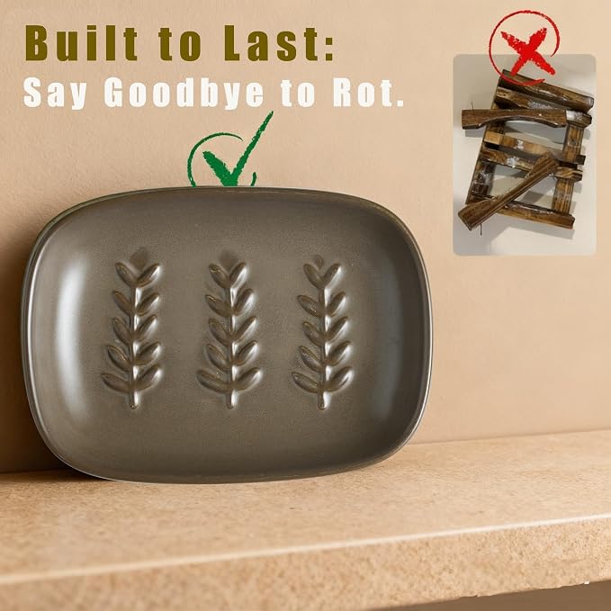 Miamolo Soap Dish Soap Holder Shower, Ceramic Soap Dishes for Bar Soap Sponge, Farmhouse Shower Soap Dish, Large Soap Saver Tray for Bathroom Kitchen Sink, Easy Cleaning, Extend Soap Life, Brown
