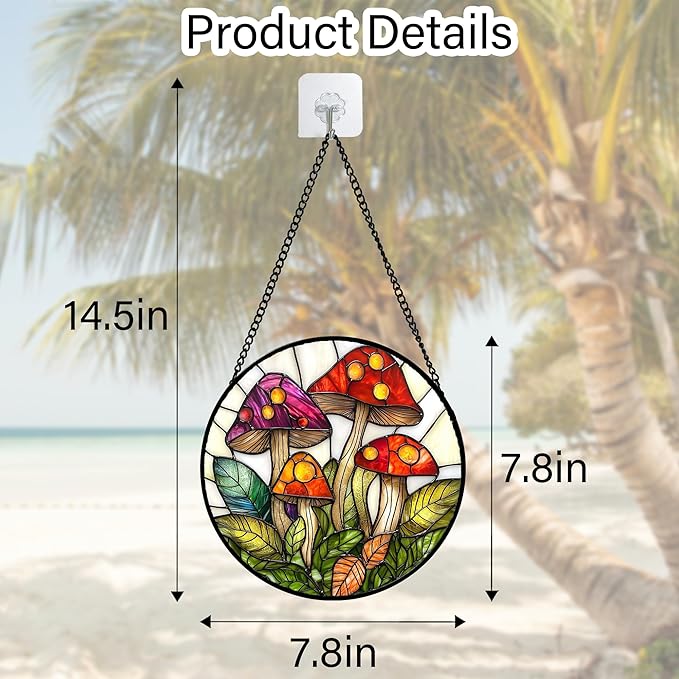 Stained Glass Window Hanging, Mushroom Leaves Suncatcher for Doors Home Sun Catchers Decoration and Christmas, Mother's Day Birthday Gifts for Women, Men, and Mom 7.8 in
