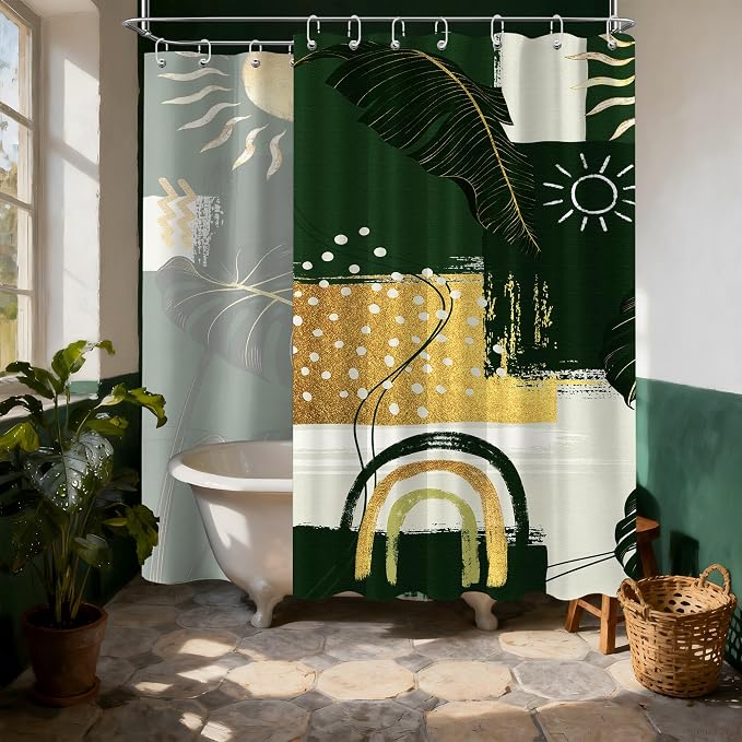 Extra Long Shower Curtain Extra Tall Green and Gold XL Abstract Tropical Leaf Shower Curtains for Large Bathroom Decor Sets, Waterproof Cloth Fabric with Hooks, 108x72 Inch