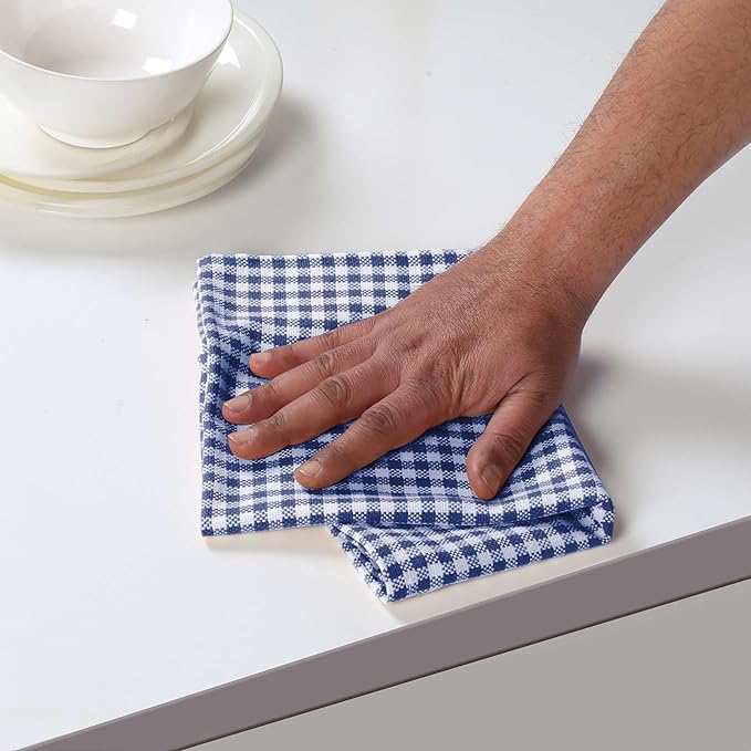 4 Pack Gingham Check Kitchen Dish Towels 16x26 Inches, Absorbent & Durable, Washable, Hand Tea Towels with Hanging Loop - Ideal for Restaurants & Home Kitchens, Blue White