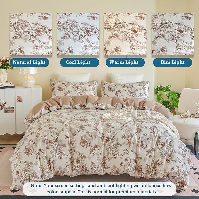 Brown Floral Duvet Cover Set 100% Percale Cotton King Size Shabby Vintage Toile Flower Printed Comforter Covers with Zipper, Soft & Breathable French Country Bedding 3Pcs-Not Comforter
