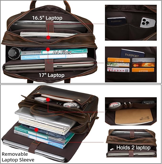 Masa Kawa Leather Briefcase for Men 15.6", 17" Laptop Computer Case Business Travel Work Messenger Cross Body Shoulder Bag