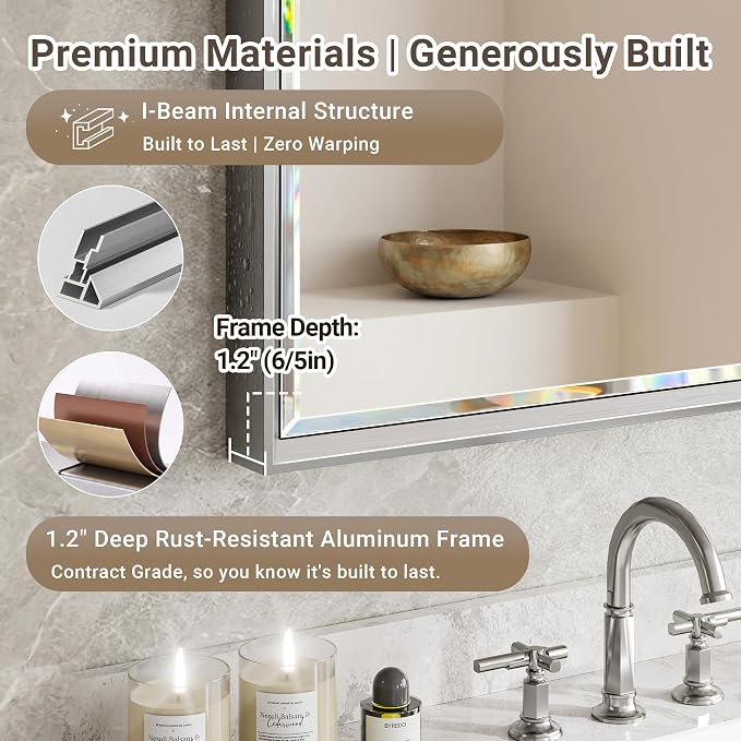 Silver Bathroom Mirror, 16''x 24'' Beveled Bathroom Mirror for Wall, Rustproof Rectangle Silver Framed Mirror for Bathroom Vanity, Vertical/Horizontal Easy Installation