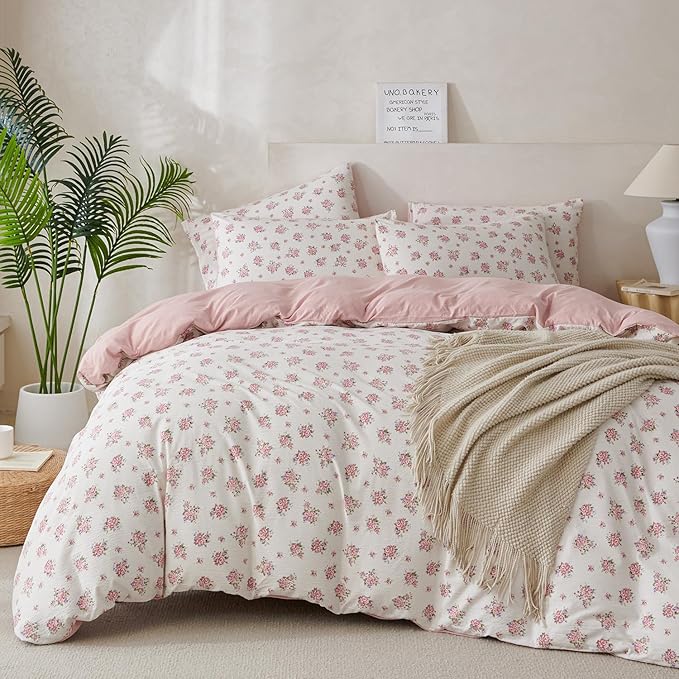 Flower King Comforter Set Soft 3 Pieces Chic Crinkle Gauze Fabric Garden Style Floral Print Botanical Comforter for All Seasons Luxury Warmth Comfy Breathable with 2 Pillowcases