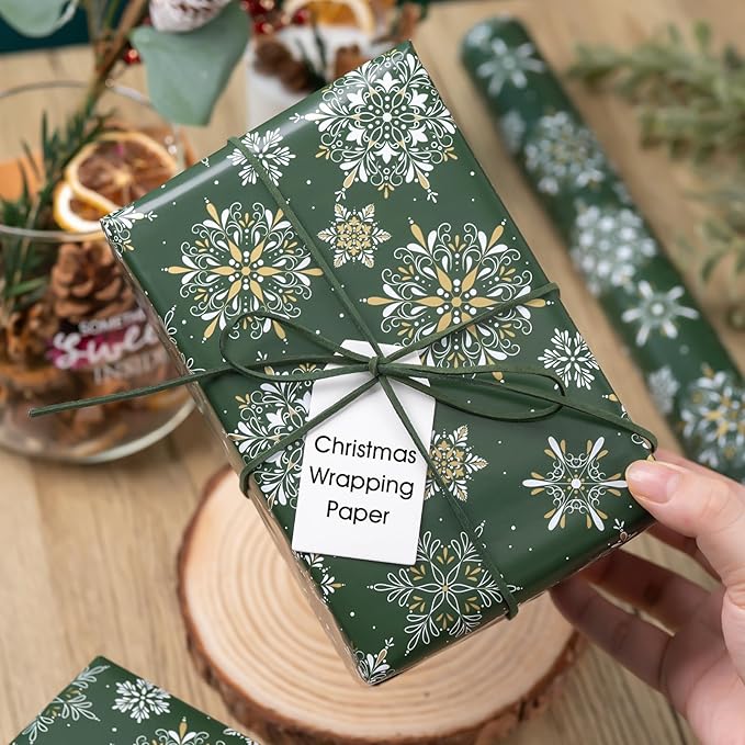 MAYPLUSS Christmas Wrapping Paper Roll - 17IN X 33FT - Green Gift Wrapping Paper Featuring Snowflake Against Dark Green Reversible Polka Dot for Kids, Holiday, New Year