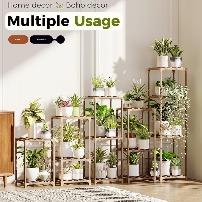 Bamworld Plant Stands Indoor 5 Sets Plant Shelves Outdoor Wooden Plant Holder for Multiple Plants Flower Stands for Living Room Balcony Garden Patio Lawn Window