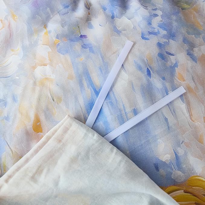 100% Cotton Duvet Cover Queen Size – Impressionist Natural Yellow & Blue Floral Duvet Cover Set with Zipper Closure, 3-Piece Soft Breathable Durable Percale Cotton Bedding Set for All Seasons