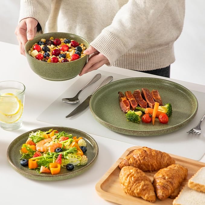 vancasso Plates and Bowls Sets, 18 Pieces Stoneware Dinnerware Set for 6, Ceramic Dish Set for Kitchen, Microwave and Dishwasher Safe, Mossy Green, Series ZERMATT