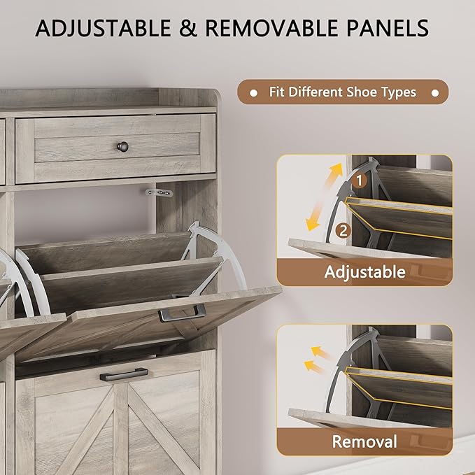 Shoe Cabinet with 4 Flip Drawers & 2 Top Drawers, 43" Tall Freestanding Narrow Wooden Shoe Storage Organizer for Entryway, Hidden Slim Shoe Rack for Front Door Entrance, Hallway, Living Room, Grey