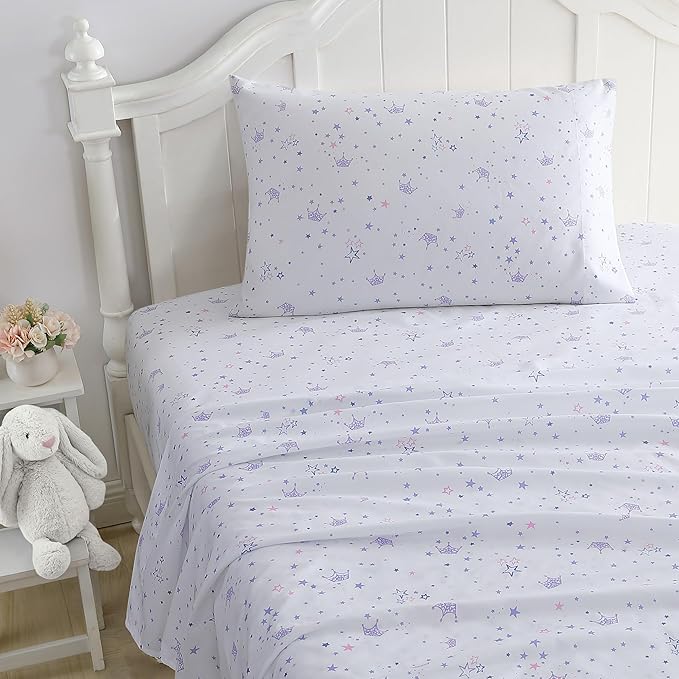 Laura Ashley Kids - Queen Sheet Set, Soft & Wrinkle-Resistant Toddler Bedding Set, Ideal Girl Room Essentials, Bed Sheets with Matching Pillowcases (Dancing Stars Purple)
