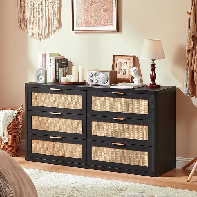 LEYAOYAO Rattan 6 Drawer Dresser for Bedroom Set of 2, Boho 54" Wide Black Dresser Chest of Drawers, Dressers TV Stand with Metal Handle, Storage Dressers Closet Organizer for Living Room, Hallway