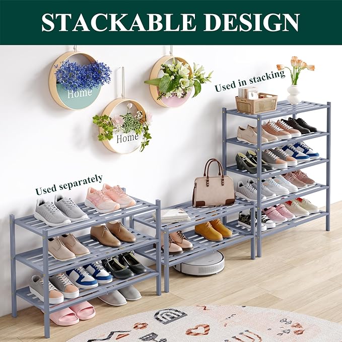 Smiry Bamboo Shoe Rack 3-Tier, Stackable Wooden Shoe Organizer for Entryway & Closet, Free Standing Wood Shoe Storage Shelf for Front Door & Small Spaces, Grey