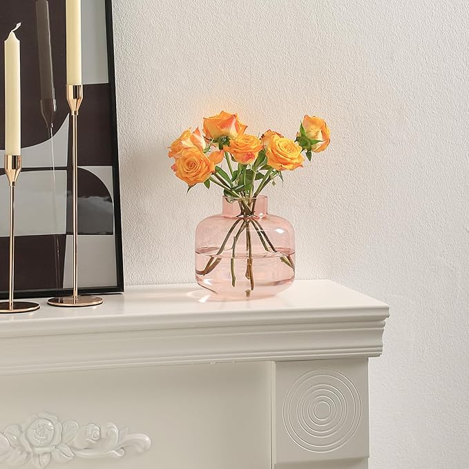 Pink Glass Vase, Short Flower Vase, Round Glass Vases for Flowers, 6 Inch Small Glass Vases for Living Room, Dining Table, Wedding, Bookshelf, Office, Coffee Table
