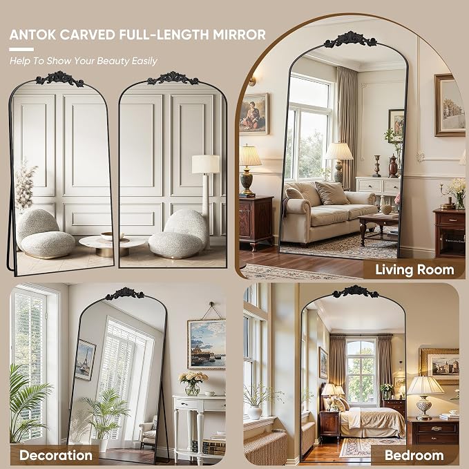 Antok Arched Full Length Mirror, 72"x44" Floor Mirror with Carved, Full Body Mirrors for HomeDecor, Standing/Halling Large Wall Mirror for Bedroom, Living Room, Cloakroom, Black, Retro Style