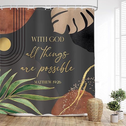 Glawry Dark Green Boho Bible Verse Shower Curtain Christian Inspirational Scriptures Quotes Abstract Tropical Palm Bathroom Mid Century 72Wx72L Inches Bath Accessories Home Decor Fabric 12 Pack Hooks