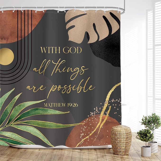 Glawry Dark Green Boho Bible Verse Shower Curtain Christian Inspirational Scriptures Quotes Abstract Tropical Palm Bathroom Mid Century 60Wx72L Inches Bath Accessories Home Decor Fabric 12 Pack Hooks