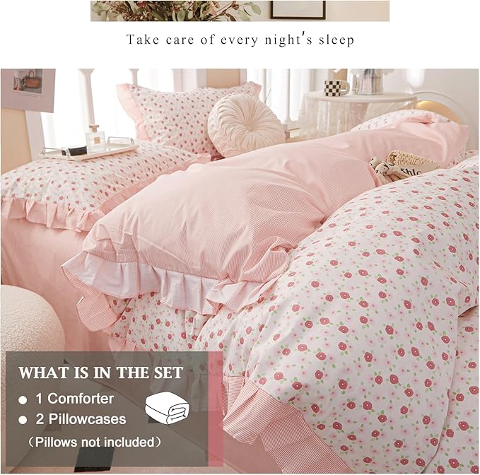 VM VOUGEMARKET Pink Floral Comforter Set Full,1 Fluffy Ruffle Comforter with 2 Pillow Shams Soft Comfy Reversible Stripes Bedding Comforter Set for All Seasons-79 x90