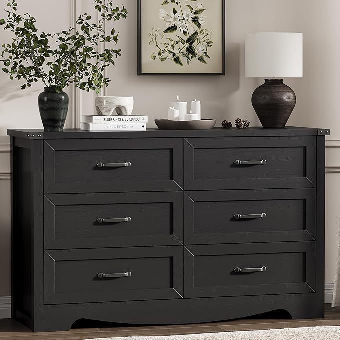 Dresser for Bedroom with 6 Drawers, 54" Wide Wood Chest of Drawers with Deep Drawers & Mental Handle, Modern Dresser TV Stand, Wooden Closet Storage Organizer for Living Room, Hallway, Entryway, Black