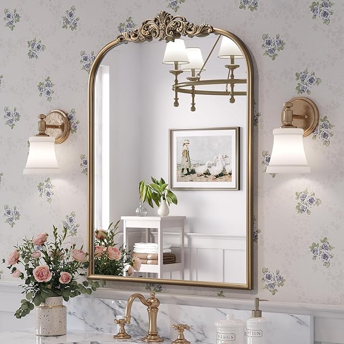 Gold Vintage Mirror, 24” x 36” Arched Gold Antique Mirror for Fireplace Mantel, Baroque Brass Bathroom Mirrors for Wall with Ornate Metal Frame for Entryway, Bedroom, Living Room