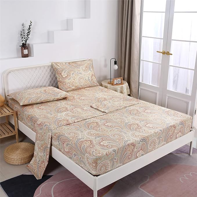 RYNGHIPY Luxury Floral Print Sheets Sets Silky Long Staple Egyptian Cotton Flowers Khaki Bedding Sheet Collections (Khaki,Full Size)
