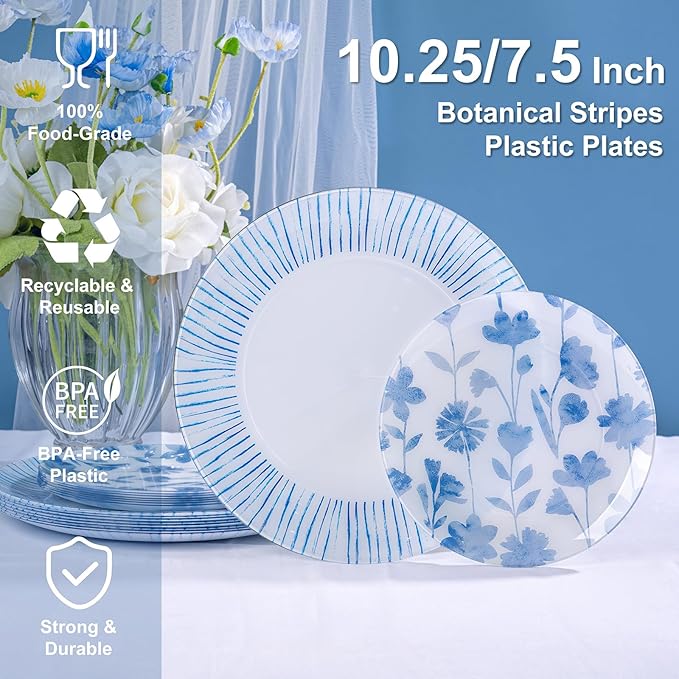 U-QE 50Pcs Blue Plastic Plates - Botanical Stripes Plates Disposable Heavy Duty, Fancy Floral Pattern Perfect for Weddings, Tea Parties, Holidays - 10.25" Dinner & 7.5" Dessert Plastic Plate
