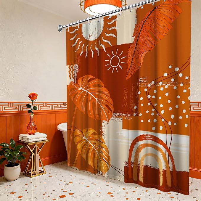 Burnt Orange Mid Century Modern Shower Curtain Bohemian Abstract Leaf Shower Curtains for Bathroom Decor Sets, Waterproof Cloth Fabric with Hooks, 70x78 Inch