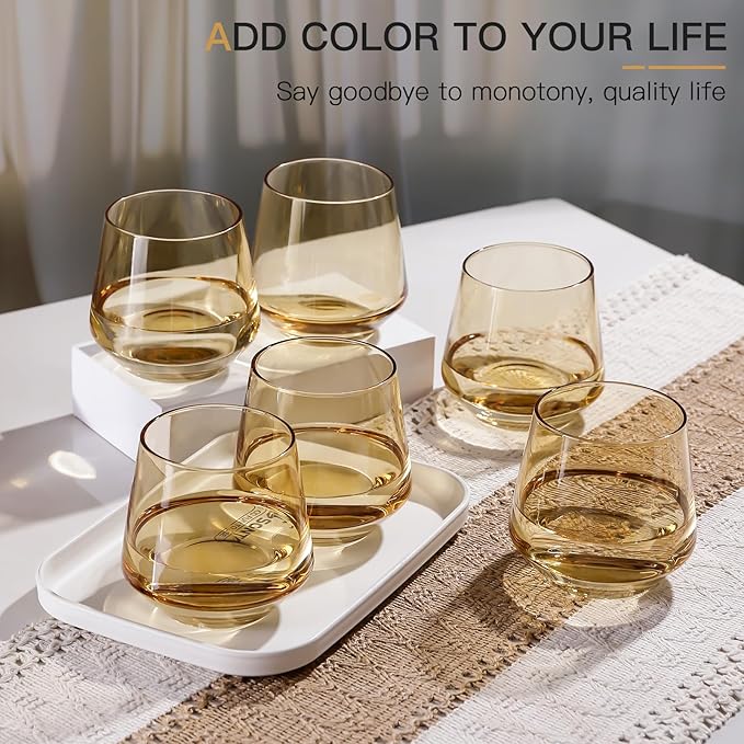 Amber Stemless Wine Glass Set of 6-14oz Wine Glasses, Stemless Drinking Glasses for Wine, Cocktails & Beverages - Elegant Glassware for Home, Bar & Holiday Use