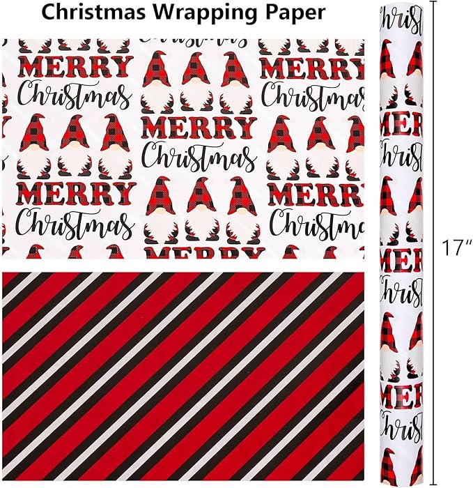 MAYPLUSS Christmas Wrapping Paper Roll, 17 Inch X 16.5 Feet Gift Wrapping Paper Featuring Gnome Merry Christmas Reversible Strip, Thick Wrap Paper for Holiday Party New Year Kids