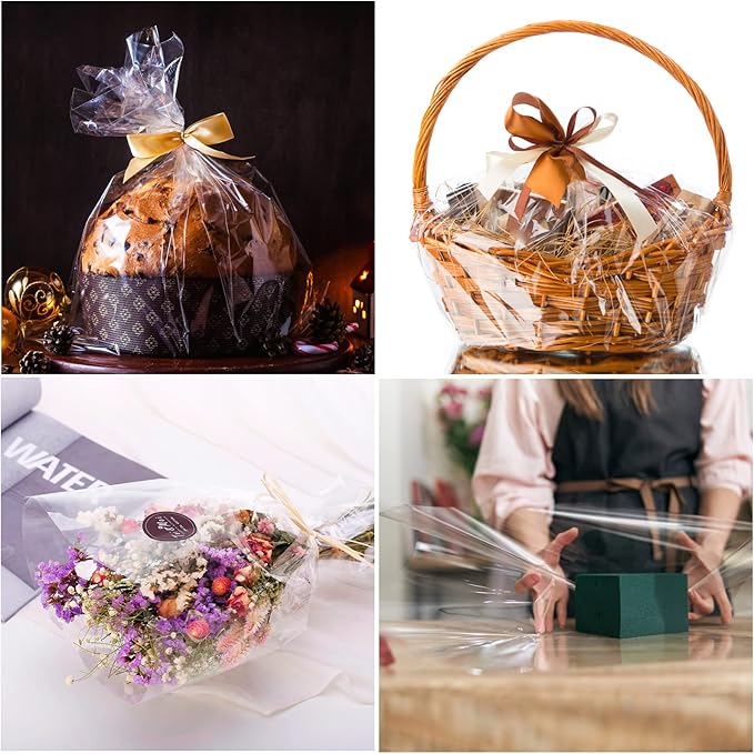 Clear Cellophane Wrap Roll-Plastic Gift Wrapping Paper 148ft x 34 inches, Transparent Paper Wrap Roll 3 Mil Thick for Floral Bouquets, Flower Paper Wrapping for Hampers, Baskets, Treats, Arts & Crafts